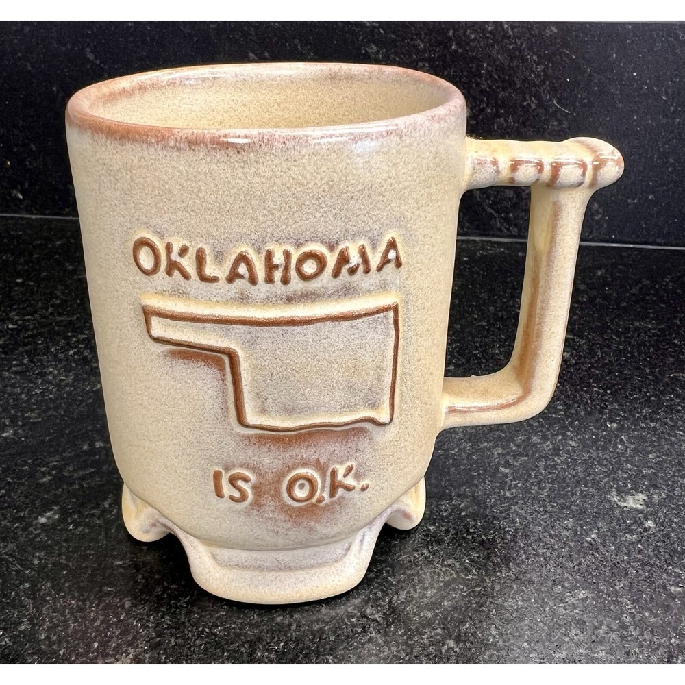 Vtg Frankoma Oklahoma Is OK "The Sooner State" Pottery Mug –Original Cream Glaze
